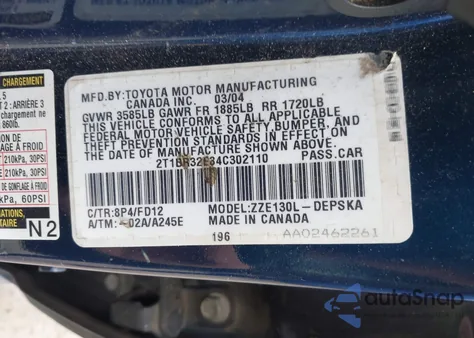 2004 Toyota Corolla S from USA, damaged, VIN 2T1BR32E84C302110